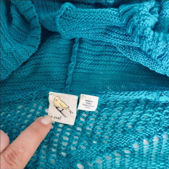 ANTHROPOLOGIE Turquoise Blue Patched Heather Hoodie VNeck Open Weave Sweater XS - Picture 6 of 11
